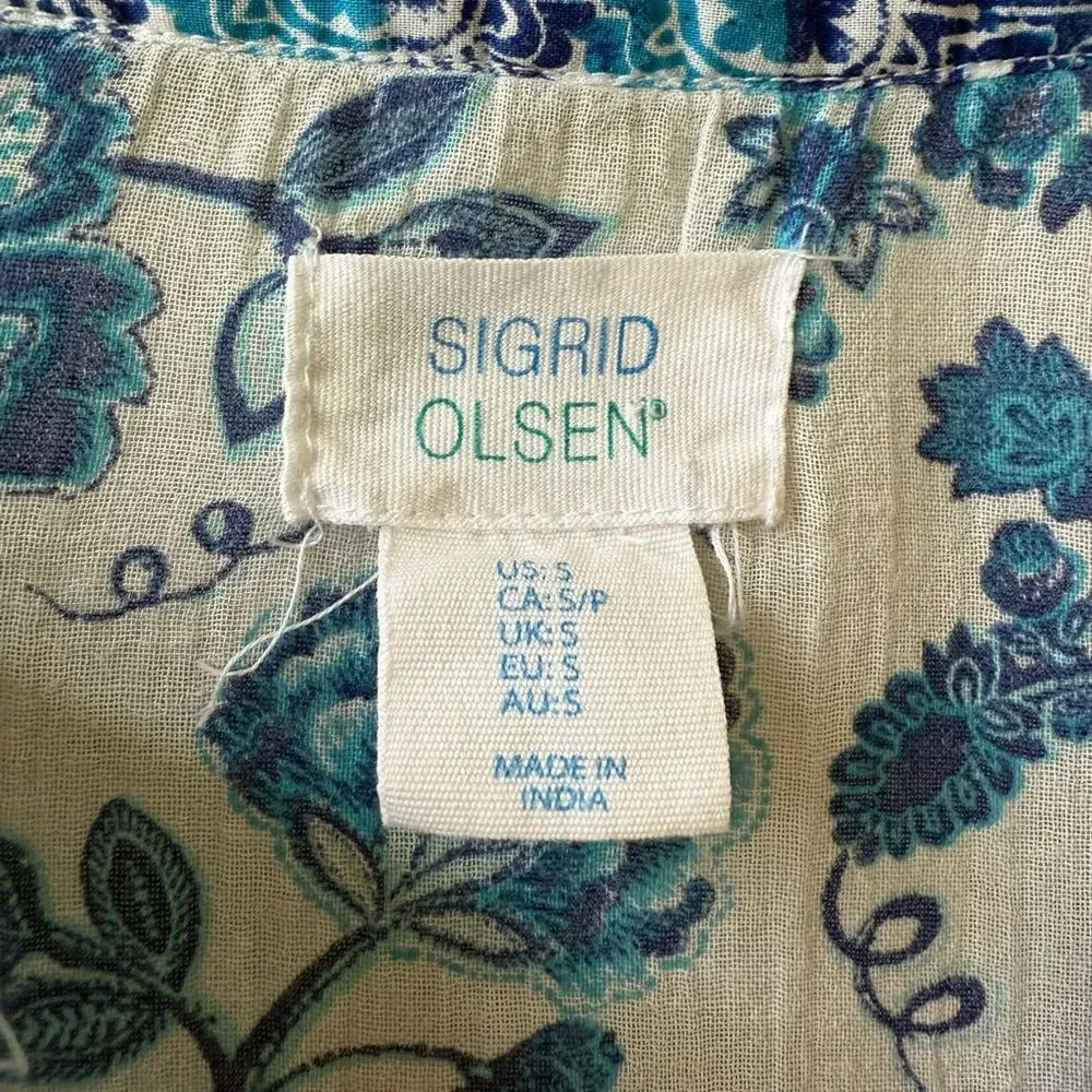 Sigrid Olsen Blue Floral embroidered Tunic Top Crinkle Cotton Boho Sz Small